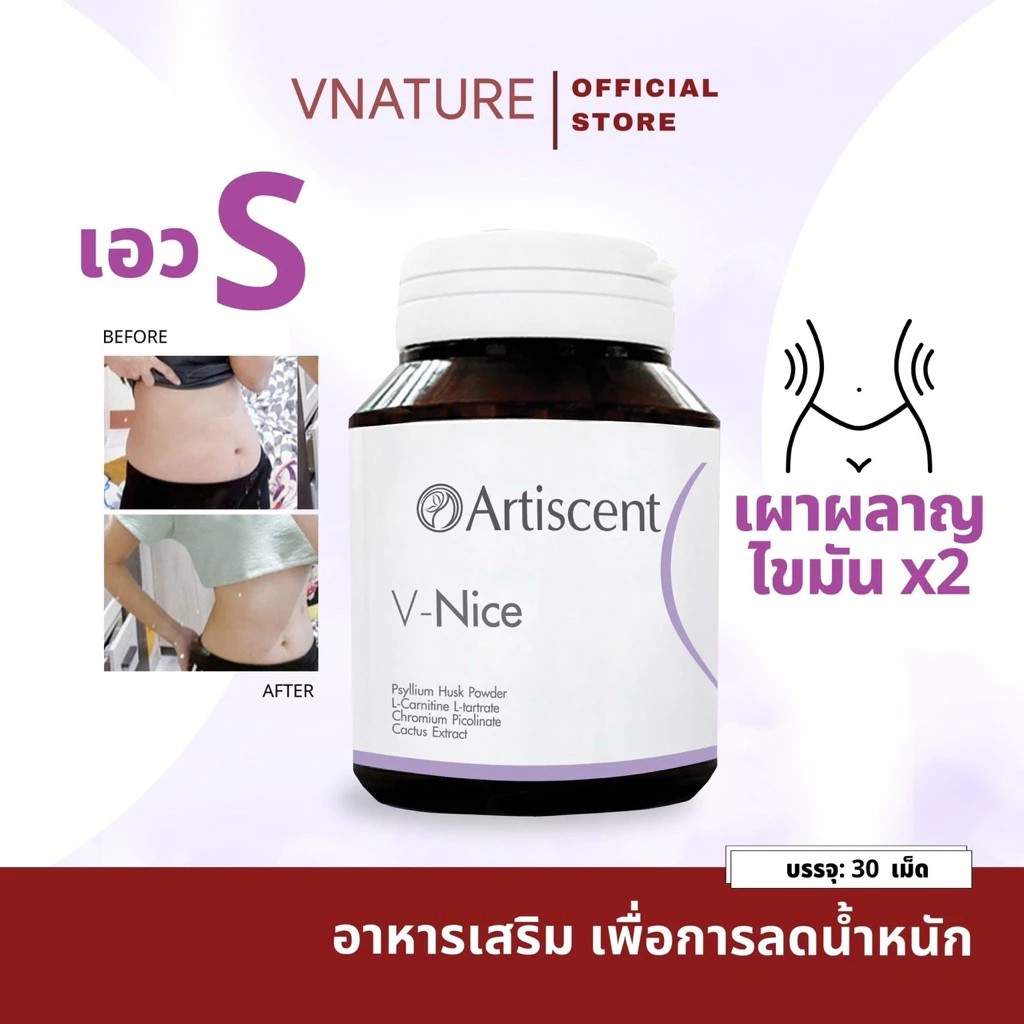 Artiscent วิตามินดูแลรูปร่าง L-Carnitine V-Nice 30 แคปซูล มีสารสกัดธรรมชาติจากพืช 10 ชนิด