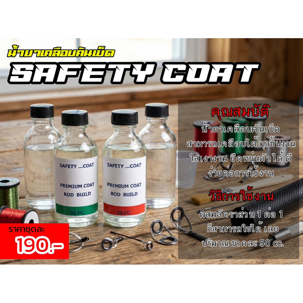 Safety coat นำ้ยาเคลือบคันเบ็ด ซ่อมคันเบ็ด คุณภาพดี ใช้งานได้ทนทาน ขนาดขวดละ 50 cc. (1 ชุดมี 2 ขวด)