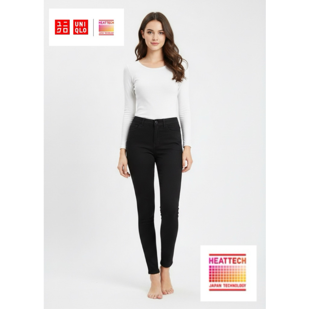 Uniqlo Heattech กางเกงยีนส์สีดำสกินนี่กันหนาวผู้หญิง มือ2