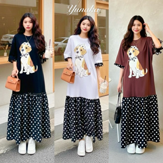 เดรสยาวคอกลมแขนสั้น ดีเทลแต่งระบายแขนและตัดต่อชายระบาย ลาย P…