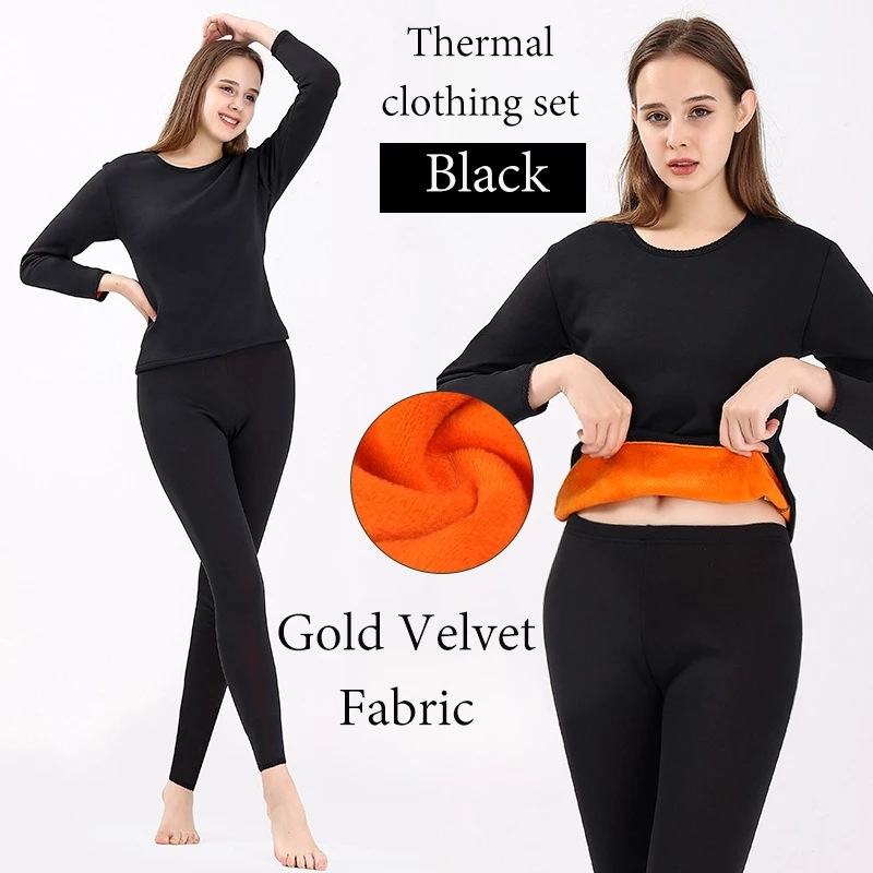 Plus size~Cold resistance -15℃ ชุดเสื้อผ้าชุดชั้นในกันหนาวสำหรับผู้ชายและผู้หญิง ชั้นฐานคอกลมกำมะหยี่หนา (เสื้อ+กางเกง)