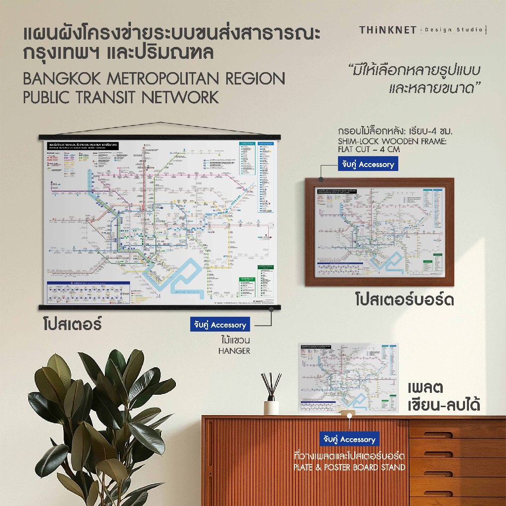โปสเตอร์แผนผังโครงข่ายระบบขนส่งสาธารณะ แผนผังรถไฟฟ้ากรุงเทพ 2 ภาษา | ติด-แขวนผนัง มีแบบแผ่นแข็ง เขียน-ลบ ติดแม่เหล็กไ