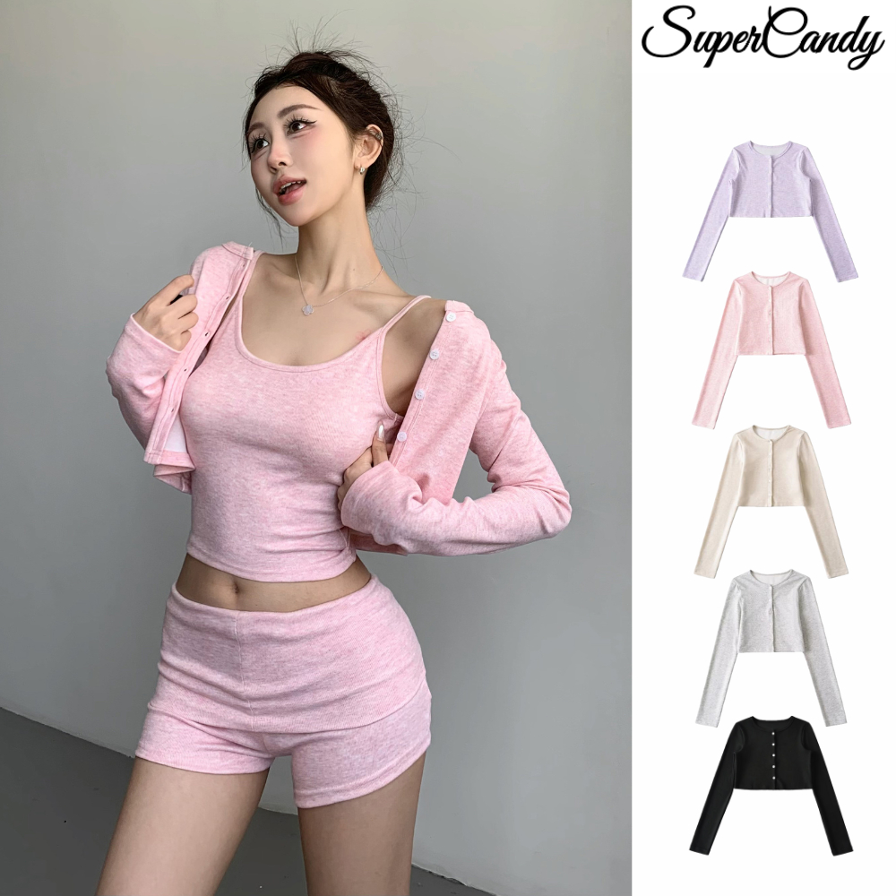 SuperCandy🌷ชุดเสื้อคาร์ดิแกนแขนยาวกันแดดทรงสวยสำหรับผู้หญิง ชุดลำลองกีฬาฤดูร้อนแบบสามชิ้น