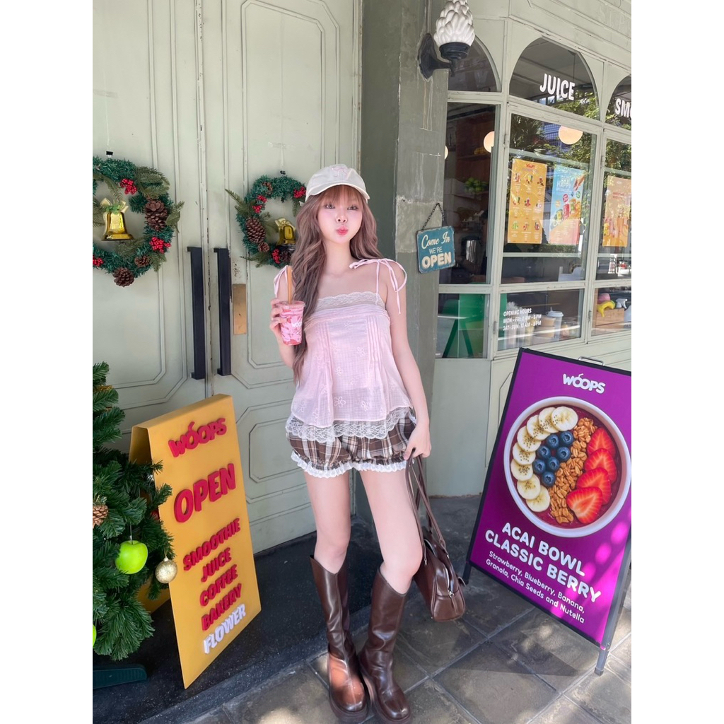 miniminey🎀 กางเกงฟักทองขาสั้น ผ้าคอตตอลทอลาย ใส่สบาย มีกระเป๋าข้างNUSA - รูปที่ 5