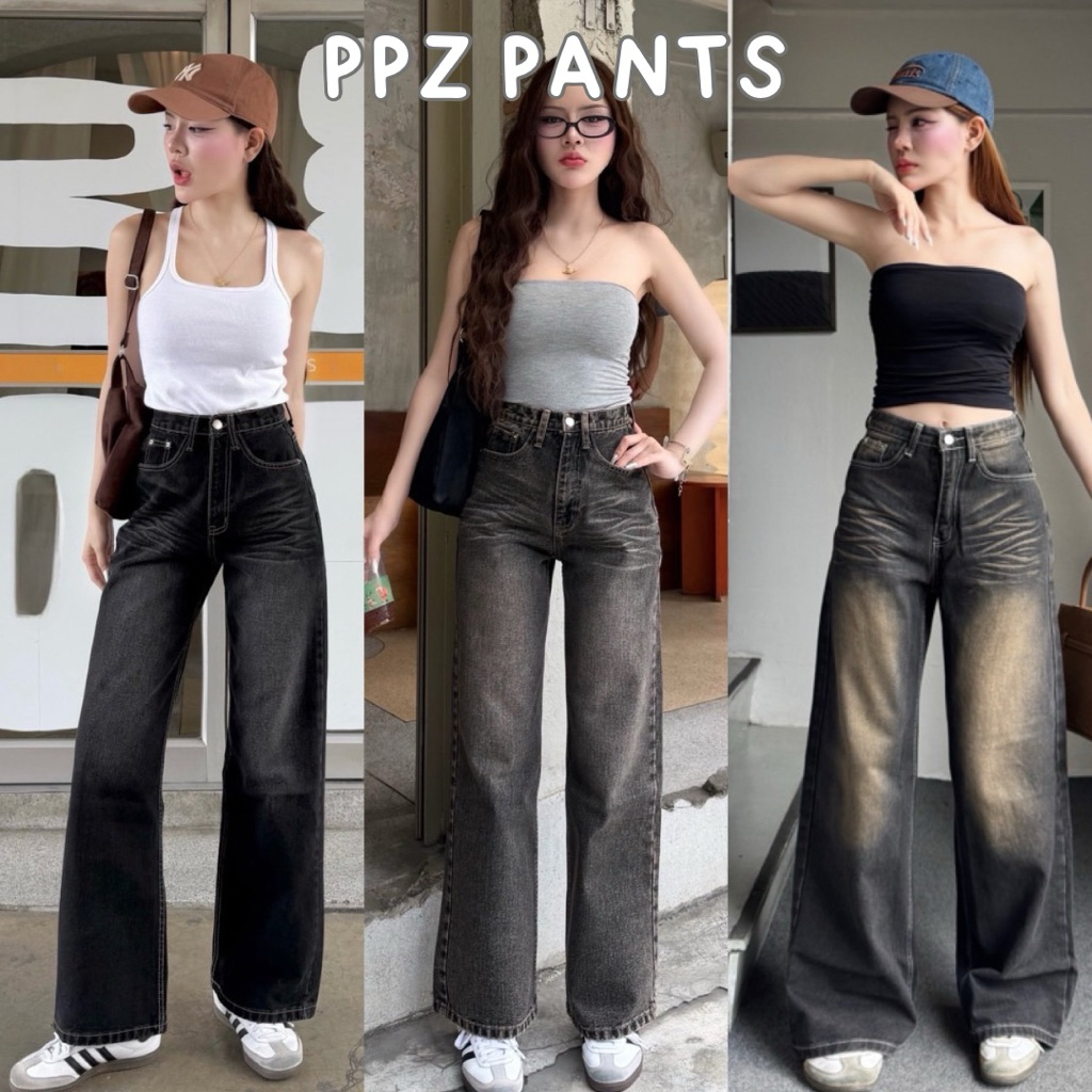 Rusty Black Baggy🖤กางเกงยีนส์ขากระบอกใหญ่ สีดำสนิม แต่งหนวดยับ กางเกงยีนส์ทรงเบกกี้