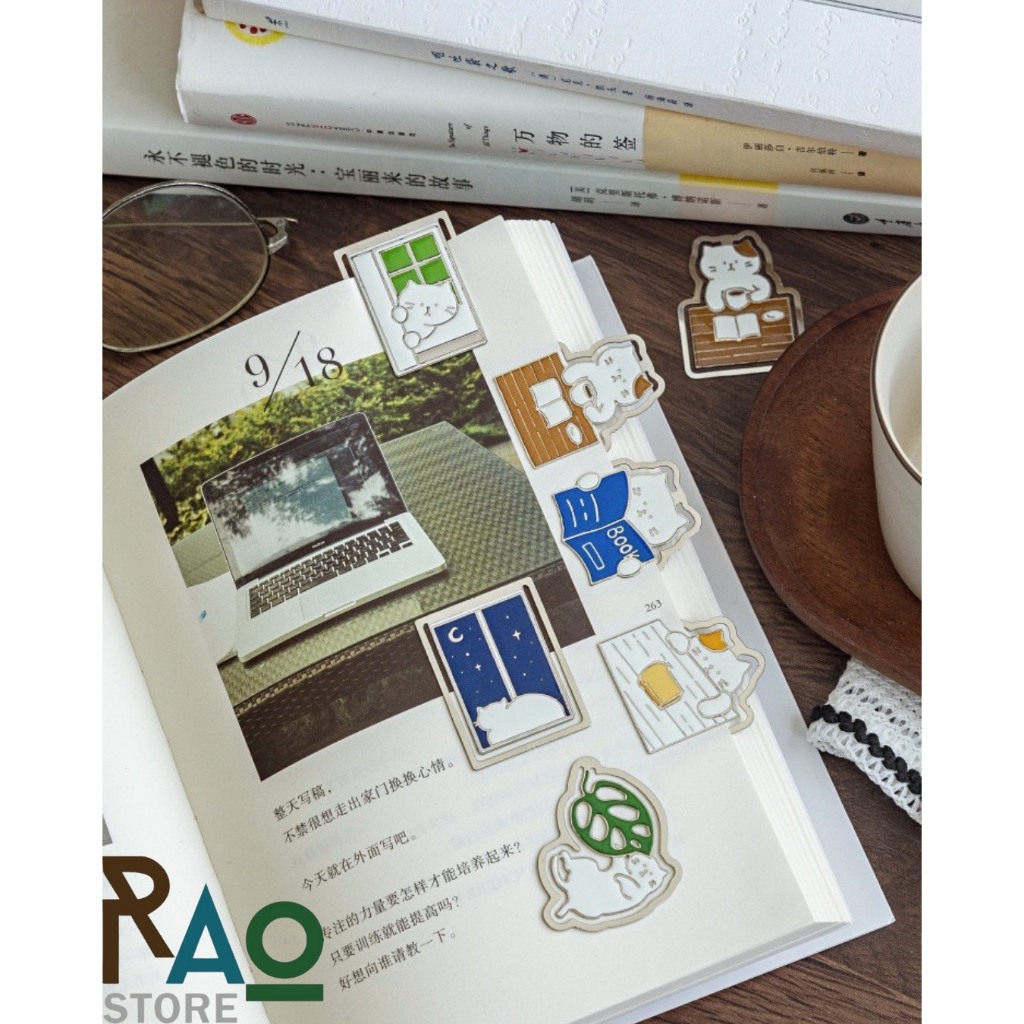 RAO Store พร้อมส่ง ที่คั่นหนังสือลายแมวน่ารักตะมุตะมิ วัสดุเป็นโลหะขนาดเล็ก ใช้คั่นหนังสือดูดีมินิมอลสไตล์