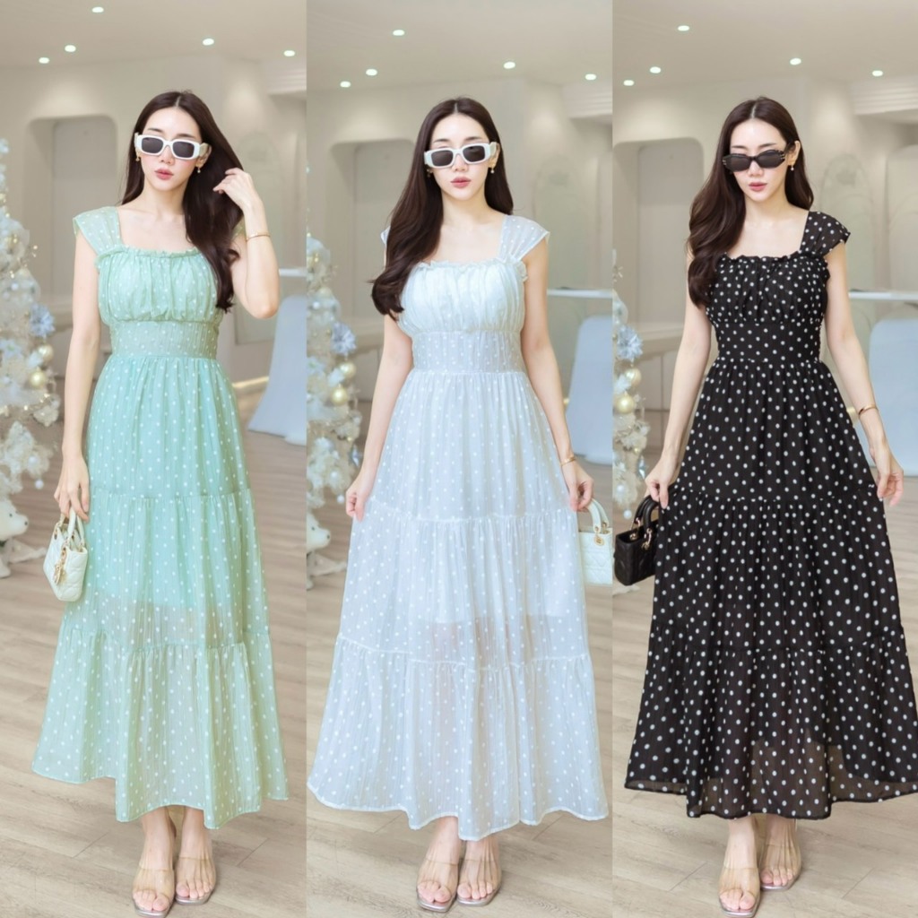 P1671 PrimmmStory เดรสยาวคอเหลี่ยม ลายPolka Dot