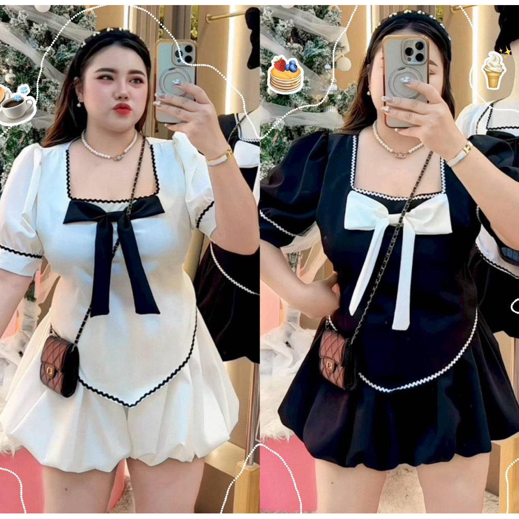 เสื้อคอเหลี่ยมโบว์+กางเกงบอลลูนสาวอวบ 🎀✨🥐อก32-46 เอว28-40 สพ40-44