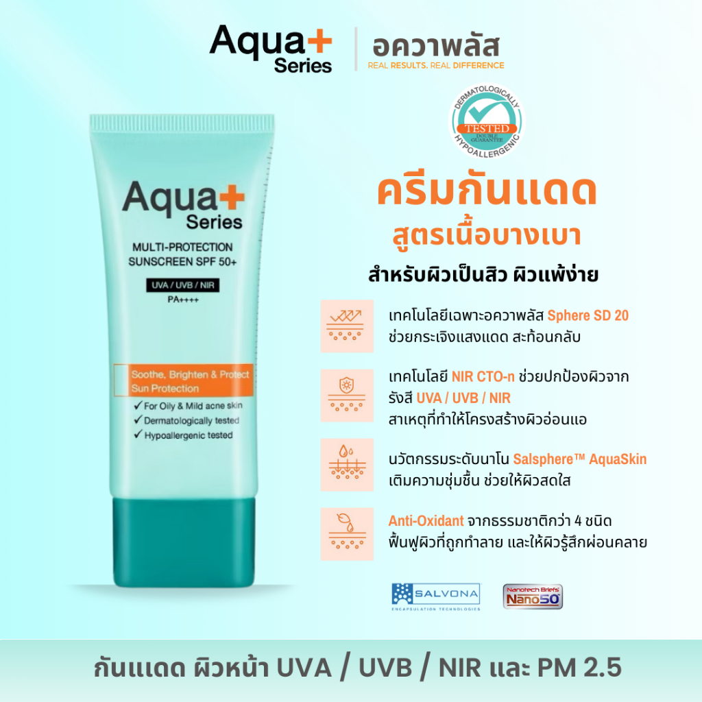 ( กันแดด UVA UVB NIR และ Pm 2.5 ไม่เหนียว ไม่วอก ) Aqua+Series Multi-Protection Sun Screen  SPF50+ PA++++ 50 ml.