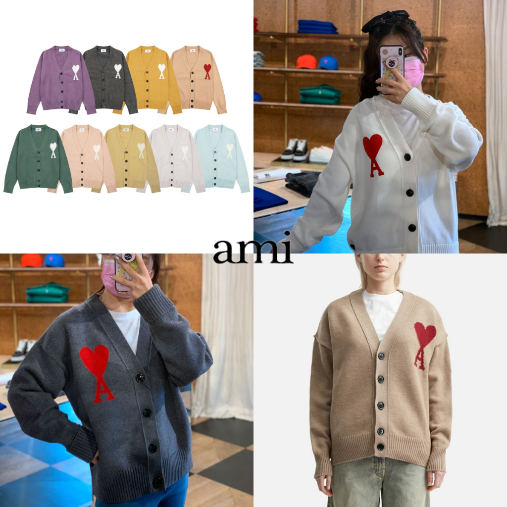 MINI-SHOP เสื้อถัก ami เสื้อคาร์ดิแกนถักแบบแจ็คการ์ดรูปหัวใจ