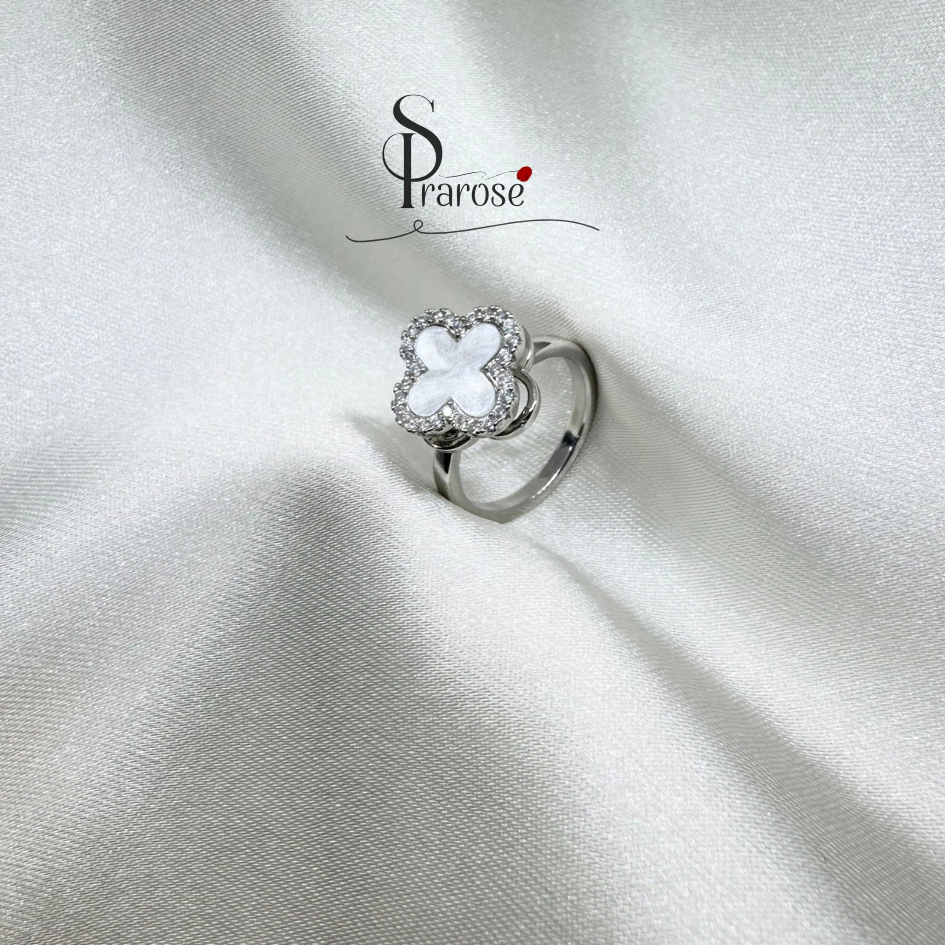 Silver Ring แหวนเงิน แหวนหมุนได้ แหวนใบโคลเวอร์หินขาว แหวนสมาธิคลายเครียด Worry Rings R010