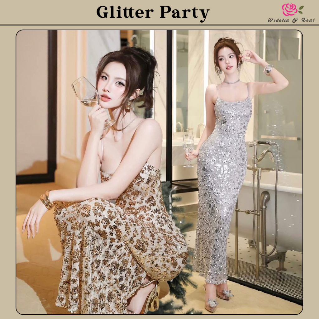 Glitter Party Dress เดรสยาวสายเดี่ยวผ้าตาข่ายปักเลื่อม เดรสทรงสวย มีซับใน ไม่คัน กระโปรงแต่งผ่าหลังเดินง่าย/0.5ลงเดิมได้