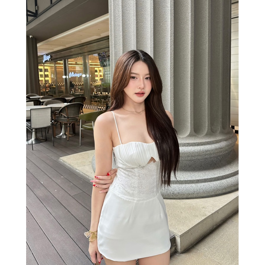 🌊🐋🥂 Mermaid - Black & White 🐋🥂🖤🌊 ชุดเดรสสายเดี่ยวเว้าหน้าอกผ้าชีฟองลูกไม้MER