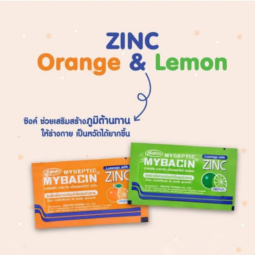 Mybacin Zinc มายบาซิน เม็ดอมผสมซิงค์ (ขนาดบรรจุ : ซองละ 10 เม็ด)