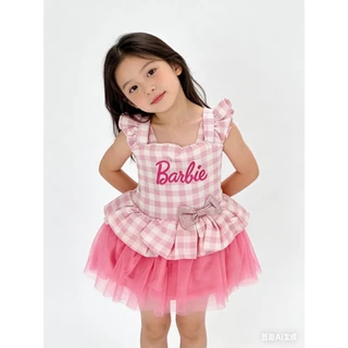 BB172 เดรสเด็กหญิงสไตล์เจ้าหญิง สีชมพูลายสก็อต กระโปรงฟูทูลล์ โบว์เอว น่ารักหวาน เสื้อผ้าเด็ก