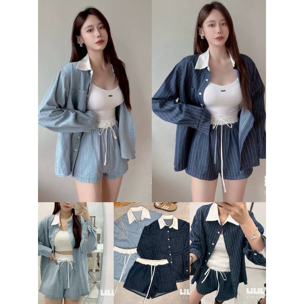 •LILIL STUDIO• LLS 60455 เซ็ทเสื้อผ้ายีนส์แท้ลายทาง+กางเกงเอวยางยืด ทรงเป๊ะ ใส่สวยมากค่ะ