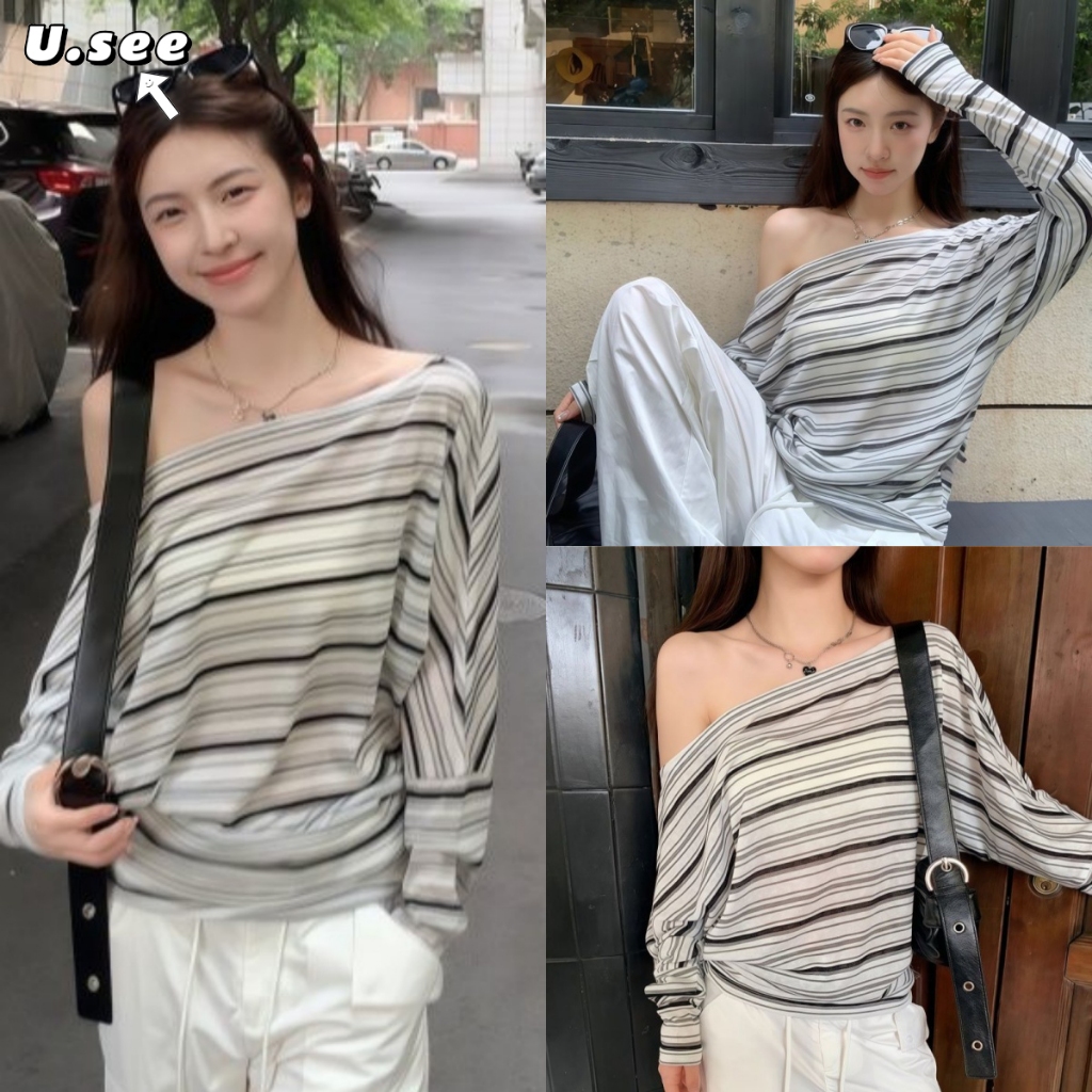 เสื้อยืด เสื้อลายทาง ทรงหลวม ป่าดไหล่ ออกแบบสวย#2419