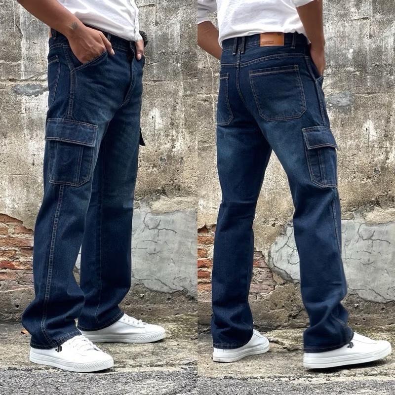 WINSMAN กางเกงยีนส์ชายทรงกระบอกกลางคาร์โก้ ใส่สบาย มีกระเป๋าข้างตีนตุ๊กแก
