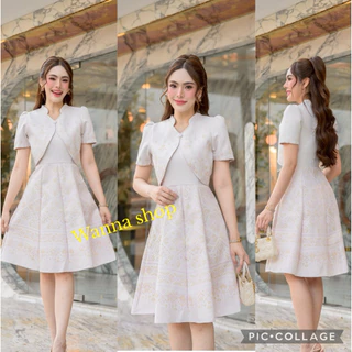 เดรสผ้าไทยสีขาวงาช้าง ผ้าทอลายเทียนหยด แต่งโบว์ไหล่และทรงกั๊ก พร้อมส่ง