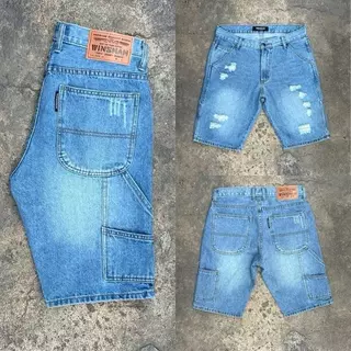 WINSMAN กางเกงขาสั้นผ้ายีนส์ กระเป๋าช่างฟอกเจียรขาด ทรงกระบอก cotton100%
