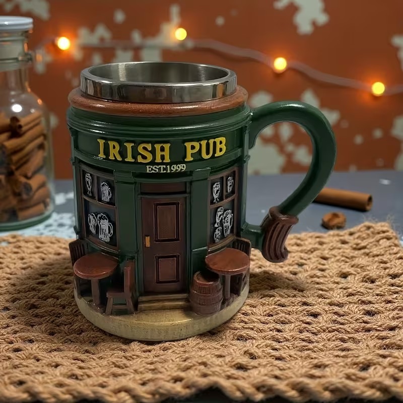 1pc Irish Tree Mug - Stainless Steel & Resin Irish-Themed Cup with Shamrock Ornament, Durable Tea