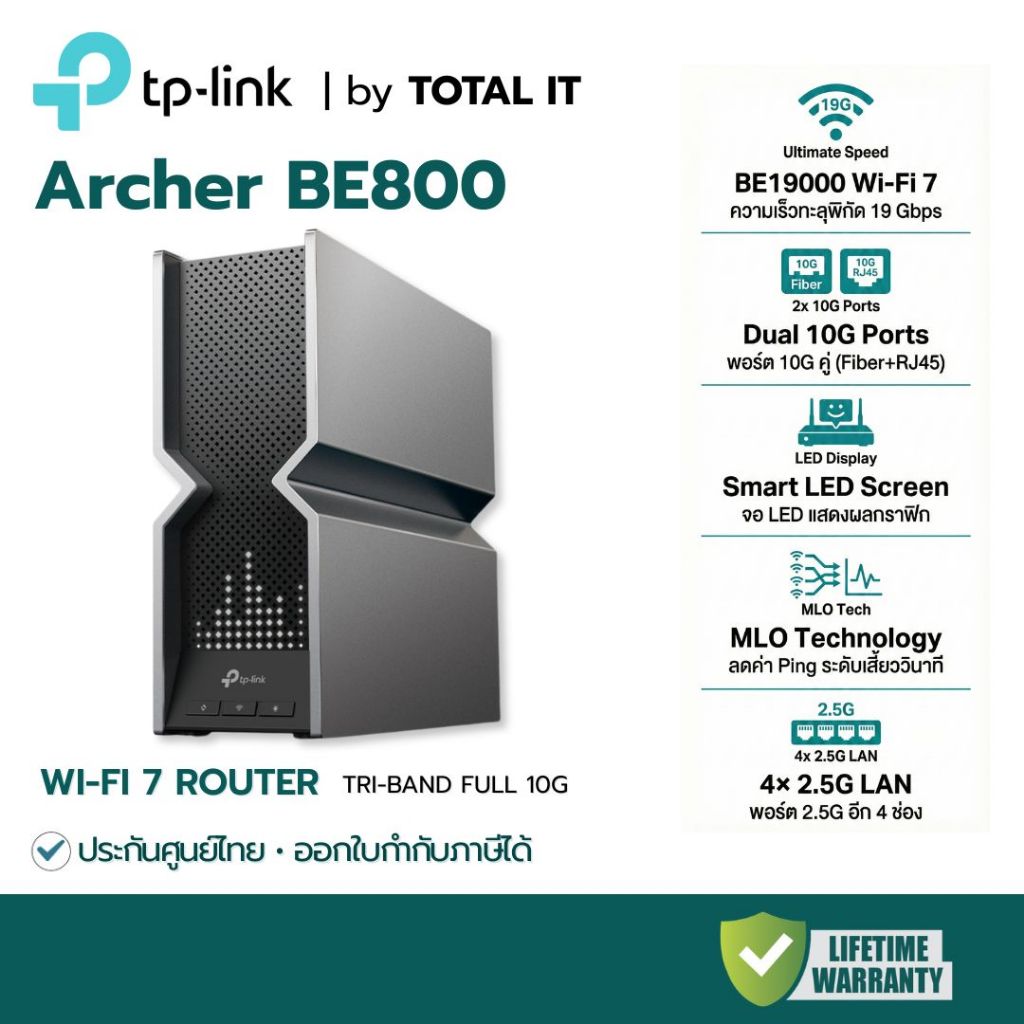 TP-Link Archer BE800 Router WiFi 7 Tri-Band BE19000 | พอร์ต 10G คู่ (WAN/LAN) | จอ LED | 6GHz MLO