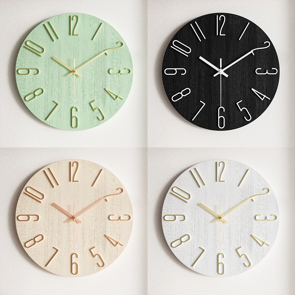 นาฬิกาแขวนผนังทรงกลมลายไม้ ขนาด 12 นิ้ว ดีไซน์ไร้กรอบ มีหลายสี สไตล์เรียบง่ายทันสมัย เดินเงียบ เหมาะสำหรับแขวนผนัง