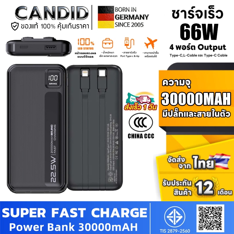 【CCC แท้100%】CANDID รับประกัน2ปี PowerBank ชาร์จเร็ว PD66W 2.4A QC3.0 พาว์เวอร์แบงค์ 30000mAh แบตสำร