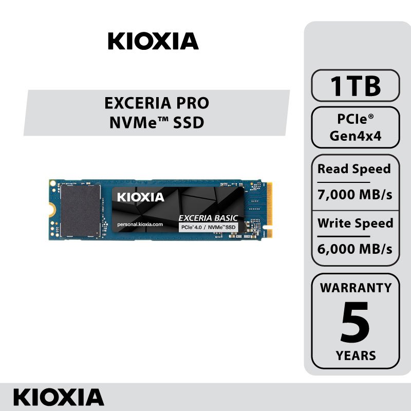 KIOXIA EXCERIA BASIC NVMe™ Internal SSD 1TB R7000 W6000 PCIe Gen 4x4 (LSE10Z001TG8)
