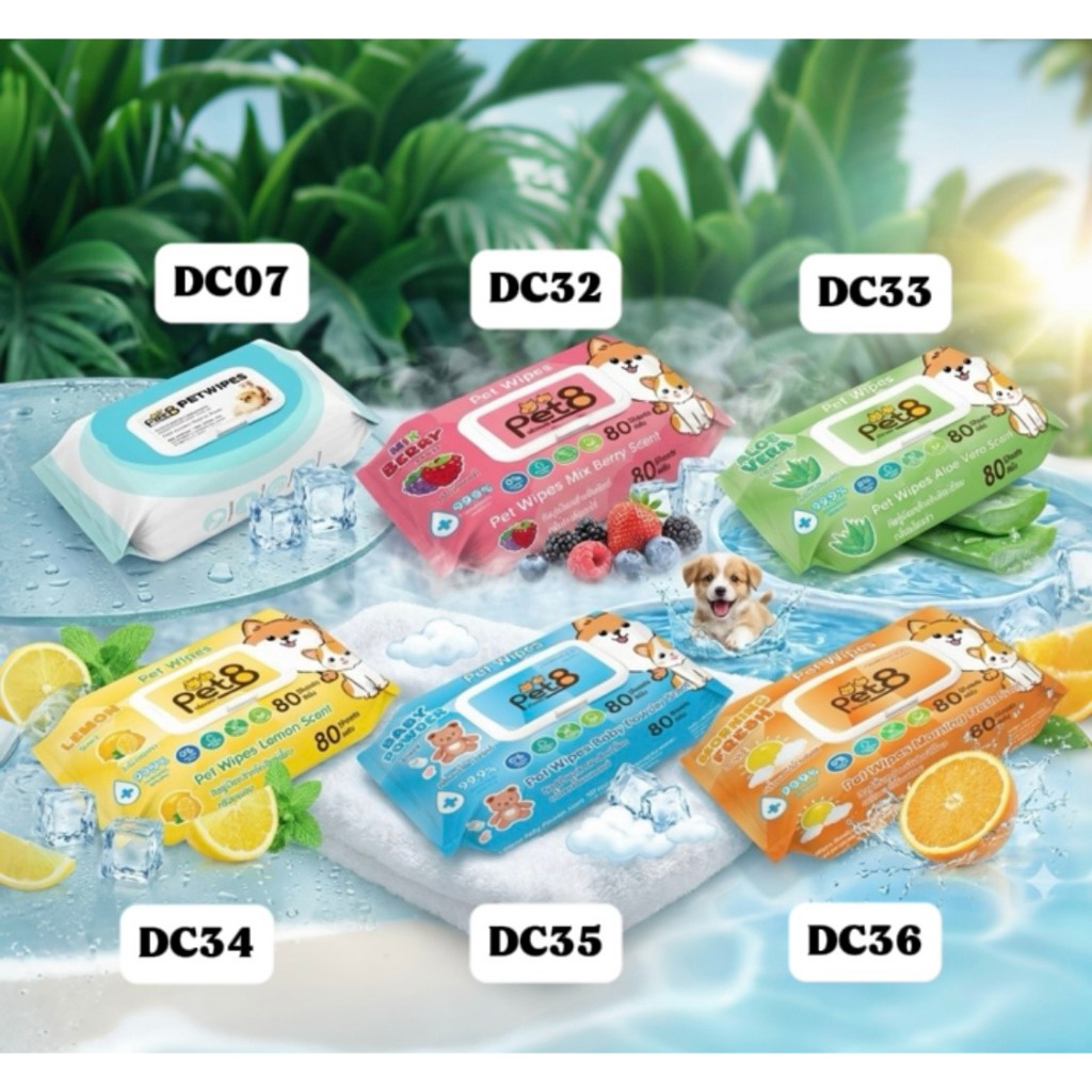 PET8 Petwipes 100 wipes 15cm*20cm ทิชชู่เปียก สำหรับสุนัขและแมว 100 แผ่น (DC07)