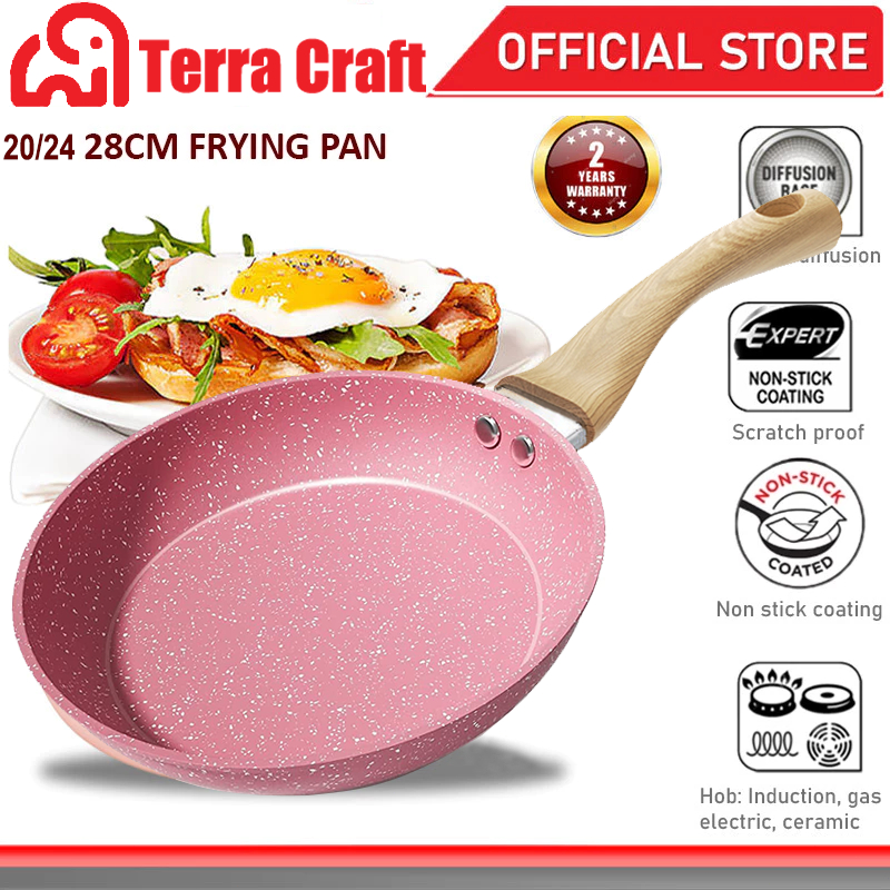 Terra Craft กระทะทอด nonstick สีชมพู ขนาด เคลือบหินอ่อน 20/24/28 ซม ทนทาน ไม่ติด ใช้ได้กับเตาไฟฟ้า แก๊ส และเซรามิก