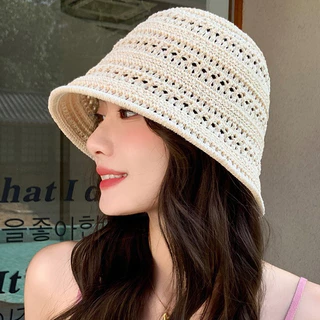 👒👒หมวกบัตเก็ตสไตล์เกาหลี หมวกแฟชั่นการทอผ้า การป้องกันรังสียูวี โครงสร้างตาข่ายเพื่อการระบายอากาศ