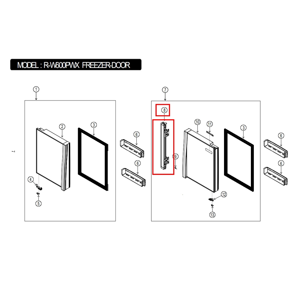 อะไหล่เเท้ศูนย์/ตำเเหน่งที่ 8/PTR-W800FPS 006/DOOR-SWINGช่องฟรีซ /ประตูบานสวิง/ดึง/ฮิตาชิ/ใช้กับรุ่น