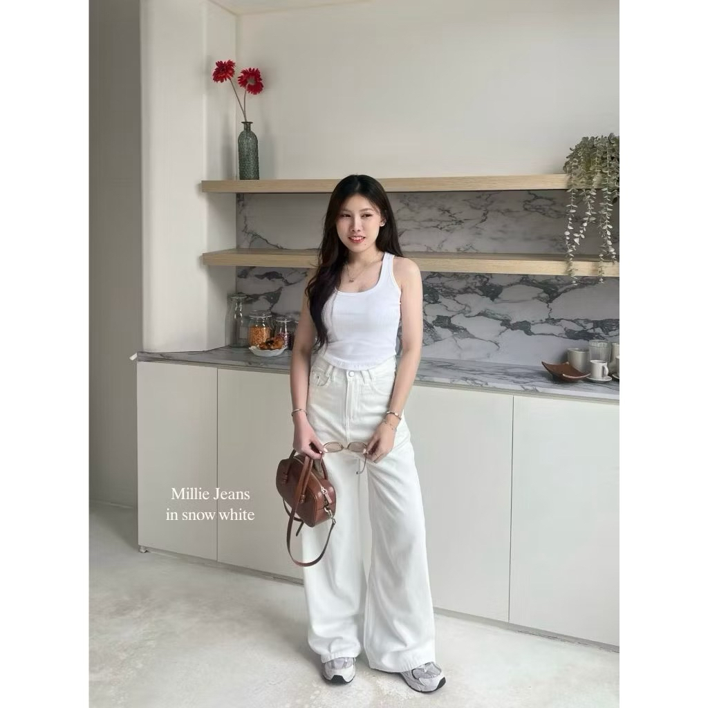 Beberlin กางเกงยีนส์ เอวสูง กระบอกใหญ่ สีขาว