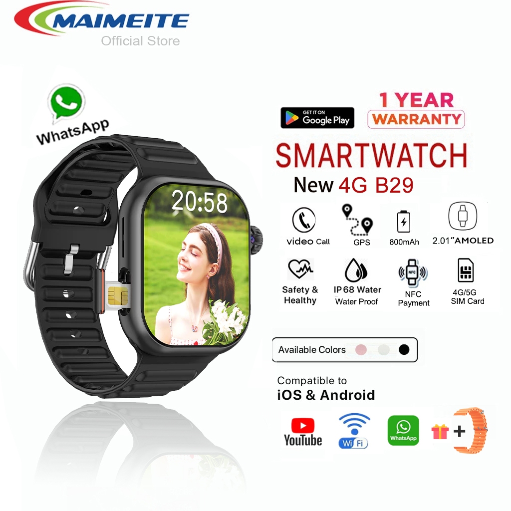 Maimeite SmartWatch B29 4G สามารถดู YouTube WiFi Playstore หน้าจอสัมผัส 2.06นิ้ว NFC กันน้ำ IP68 4+64GB วิดีโอโทร GPS