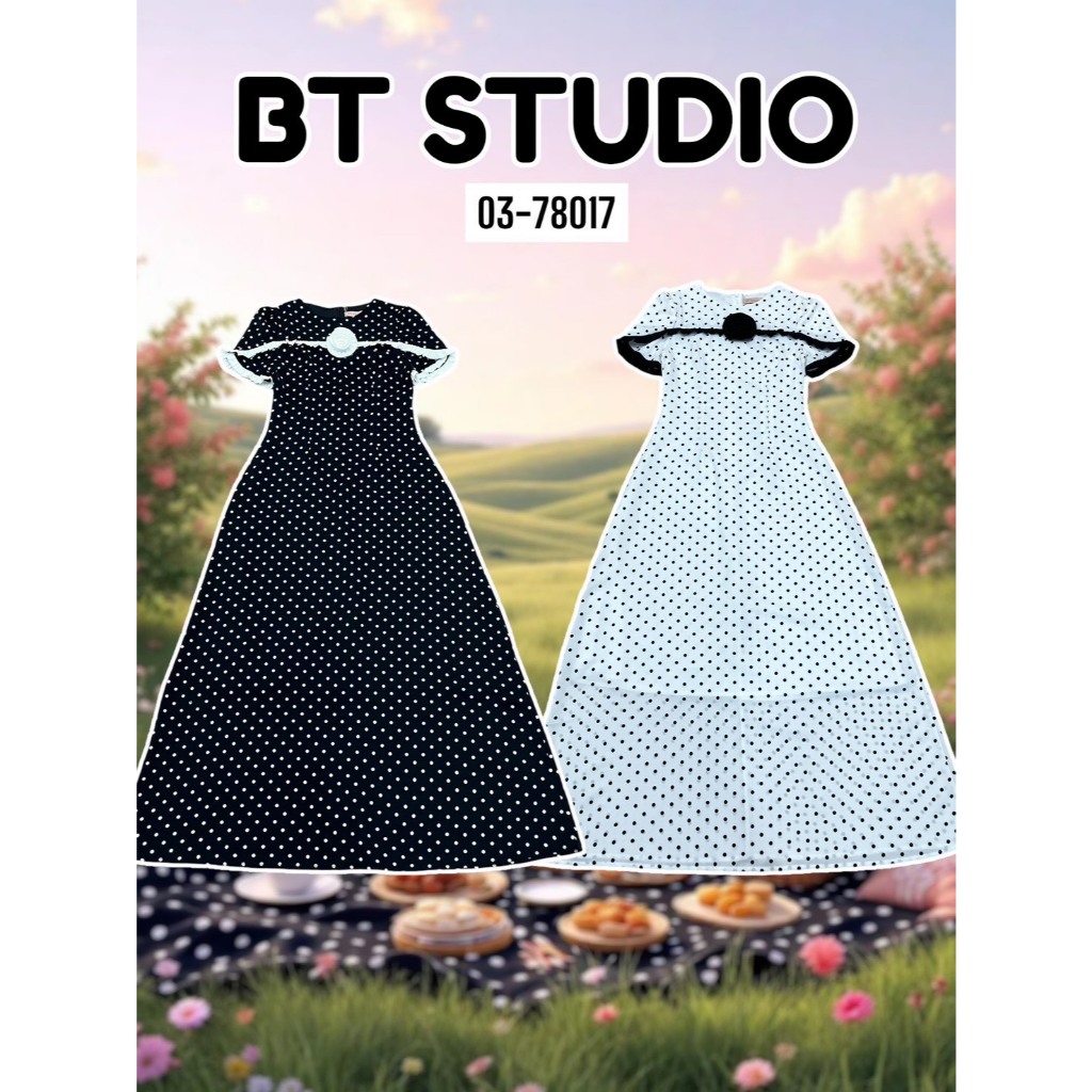 BT 03-78017 แม๊กซี่เดรสยาวคอกลมแขนสั้นแต่งระบายด้านหน้าสีตัดกันกับชุด ลาย Polka Dot เข็มกลัดดอกไม้ ชุดเรียบร้อย ออกงาน