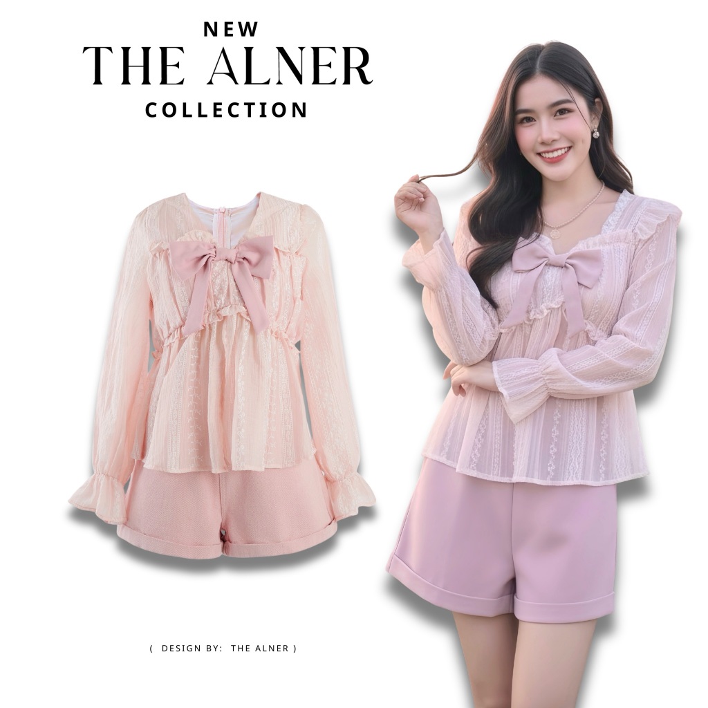Thealner-AN824 (เซตเสื้อชมพูแขนยาวแต่งโบว์กางเกงขาสั้น)