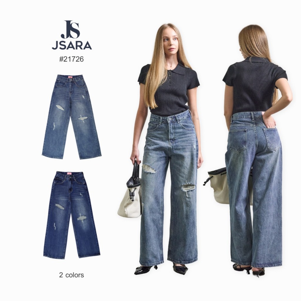 JSARA กางเกงทรงกระบอก แต่งขาด Office Hour ผ้าไม่ยืด ใส่สบาย สีเข้ม Size S-3XL   ขายาวรหัส  21726 แต่งขาด