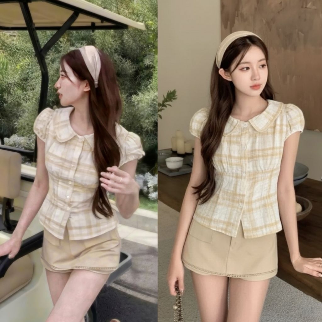 Freesize | เสื้อคอบัวแขนตุ๊กตาลายสก็อตเหลือง 💛 ทรงเข้ารูป #มือสอง #ส่งต่อ #cintage