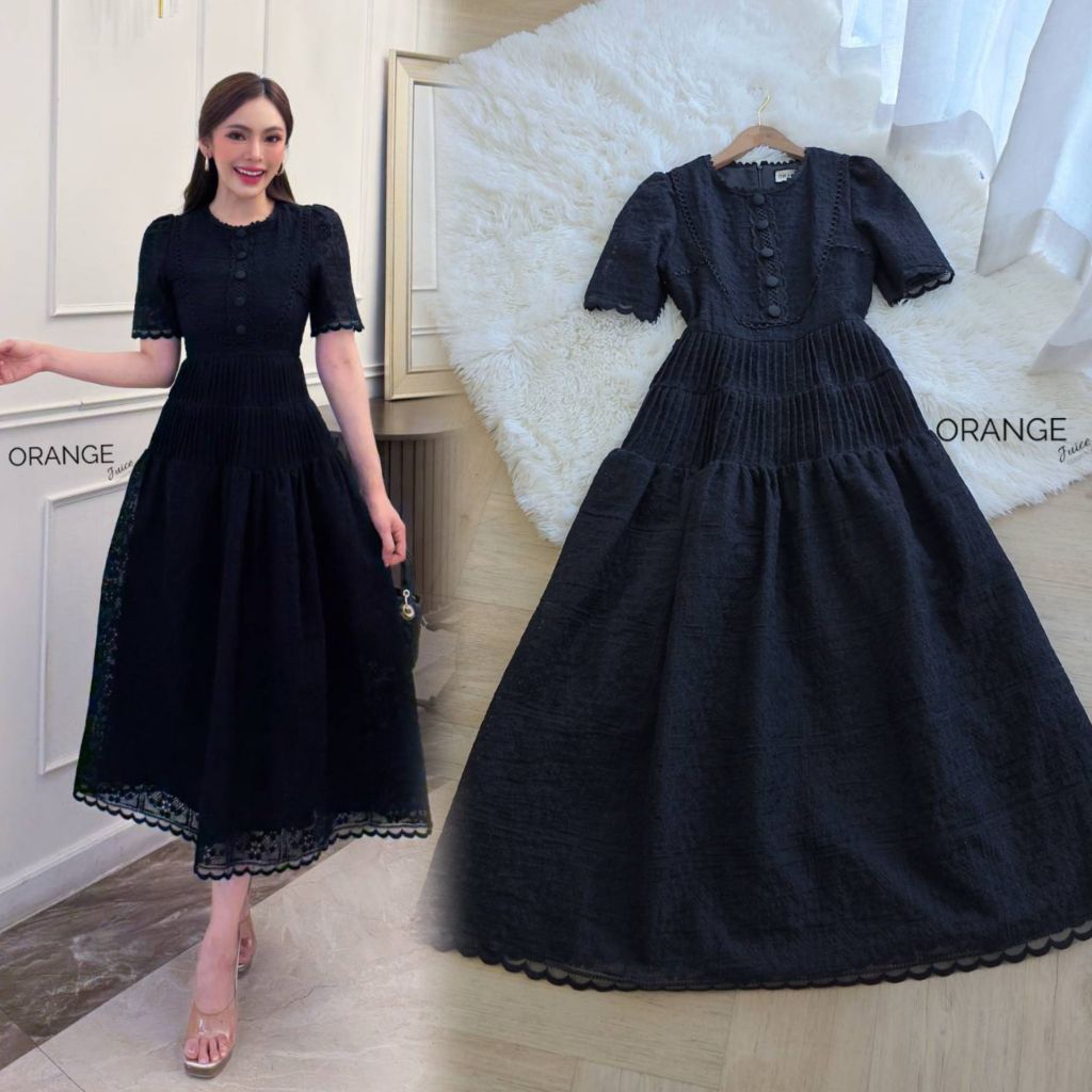 เดรสลูกไม้ดำสวยสง่า!!! S-5XL Maxi Dress เดรสสาวอวบ,เดรสสีดำผ้าลูุกไม้แขนสั้นแต่งกระดุมหน้า งานป้าย Orange Juice