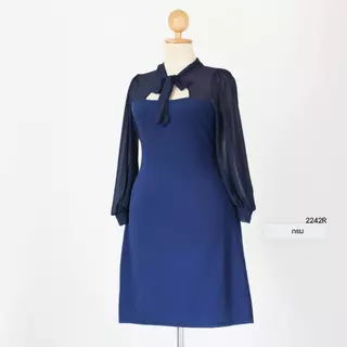 ✨ANNNEW✨ XL- 5XL เดรสผ้ายืดวูลเวฟเเต่งผูกโบว์เเขนชีฟอง 2242R