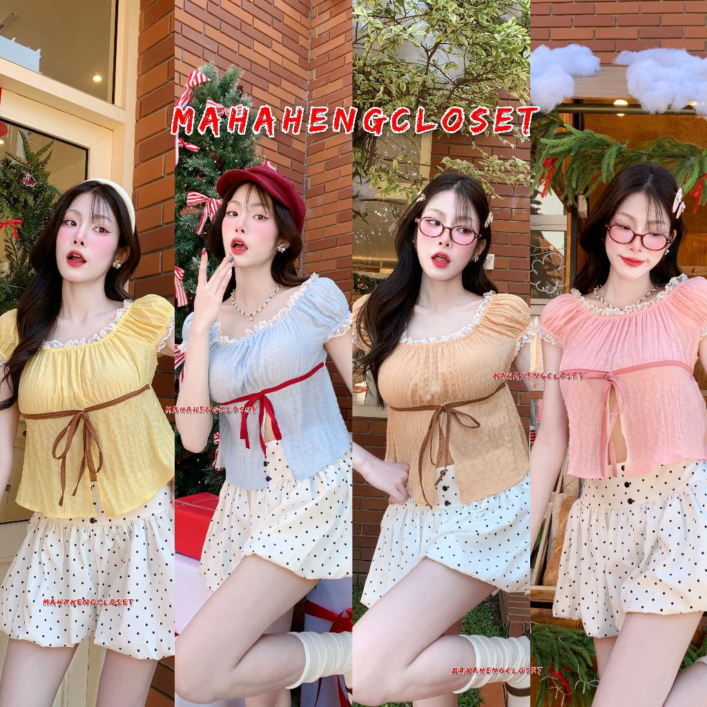 MahahengCloset เสื้อผ่าหน้าแขนตุ๊กตา งานหวานๆสไตลคุณหนู แต่งลูกไม้และริบบิ้น สม็อคด้านหลังใส่สบาย ทรงน่ารักมาก