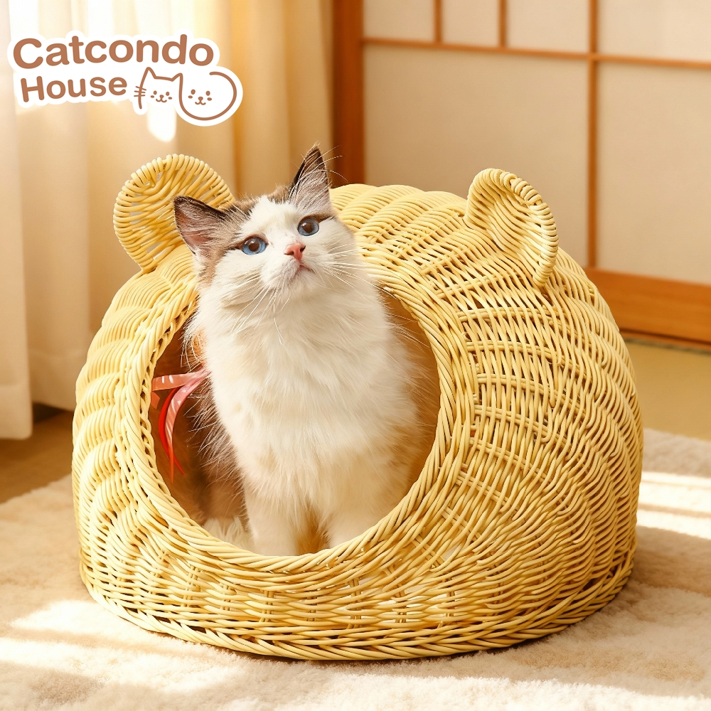 Cathouse บ้านหวายเทียม บ้านแมวหวายสานทรงโดม มีหูหมี ดีไซน์น่ารัก ระบายอากาศดี มี 3 ขนาดให้เลือก