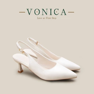 VONICA รองเท้าแตะสตรีสีเบจ สไตล์เกาหลี หัวแหลม หลังปิด ใส่แต่งงาน ส้นสูง เรียวกระชับ เก๋ไก๋