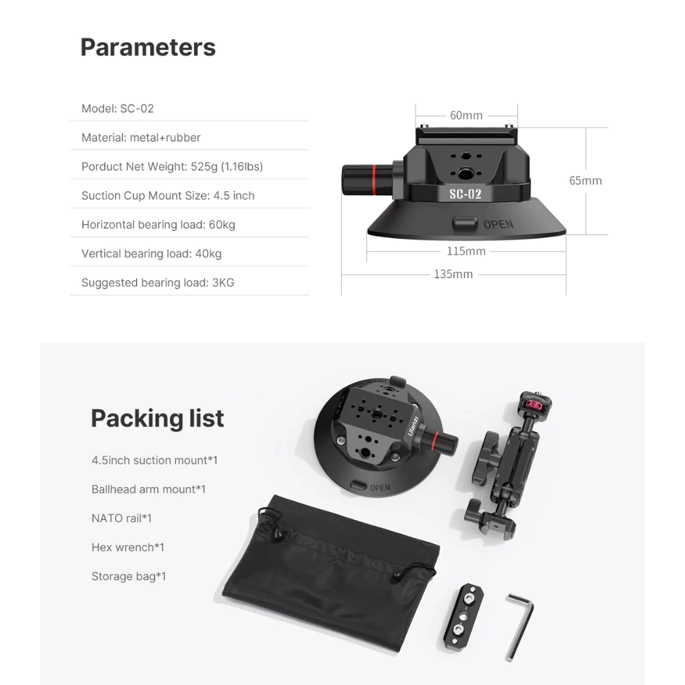 Ulanzi SC02 ที่ยึดกล้อง ขาตั้งกล้อง แบบสุญญากาศ DSLR, GoPro, Insta360 Luna, Pocket 4P ระบบ Nato thumbnail 10