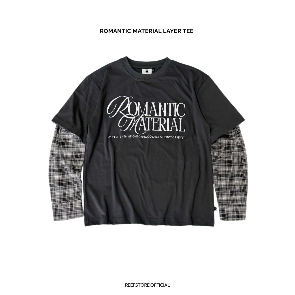 LAYER TEE ROMANTIC MATERIAL เสื้อยืดครอปแขนเชิ้ตสก๊อต สีเทาวินเทจ