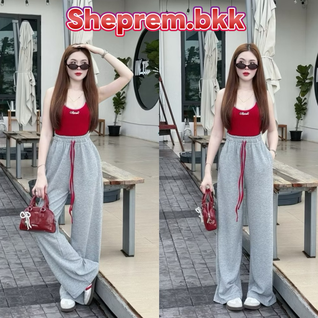 ShePREM ชุดเซต2ชิ้น เสื้อคล้องคอสีแดงตัดขอบ🔥(แถมเข็มกลัดคละแบบ) ❤️กางเกงขากระบอกทรงสวย💃🏻