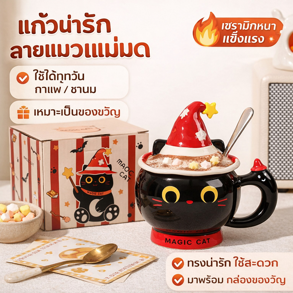 แก้วแมวใส่หมวกวิเศษ แก้วมัก แก้วเซรามิคแมว แก้วกาแฟ ลายน้องแมว พร้อมฝา - พร้อมส่งจากไทย