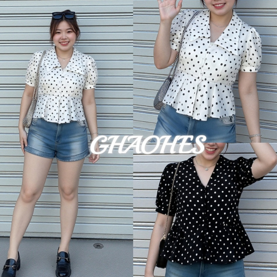GHAOHES ⚪-ส่งจากไทย- เสื้อลายจุดทรงหลวมไซส์ใหญ่ มีให้เลือกสองสี จัดส่งภายในวันเดียวกัน🖤#8003#Tops