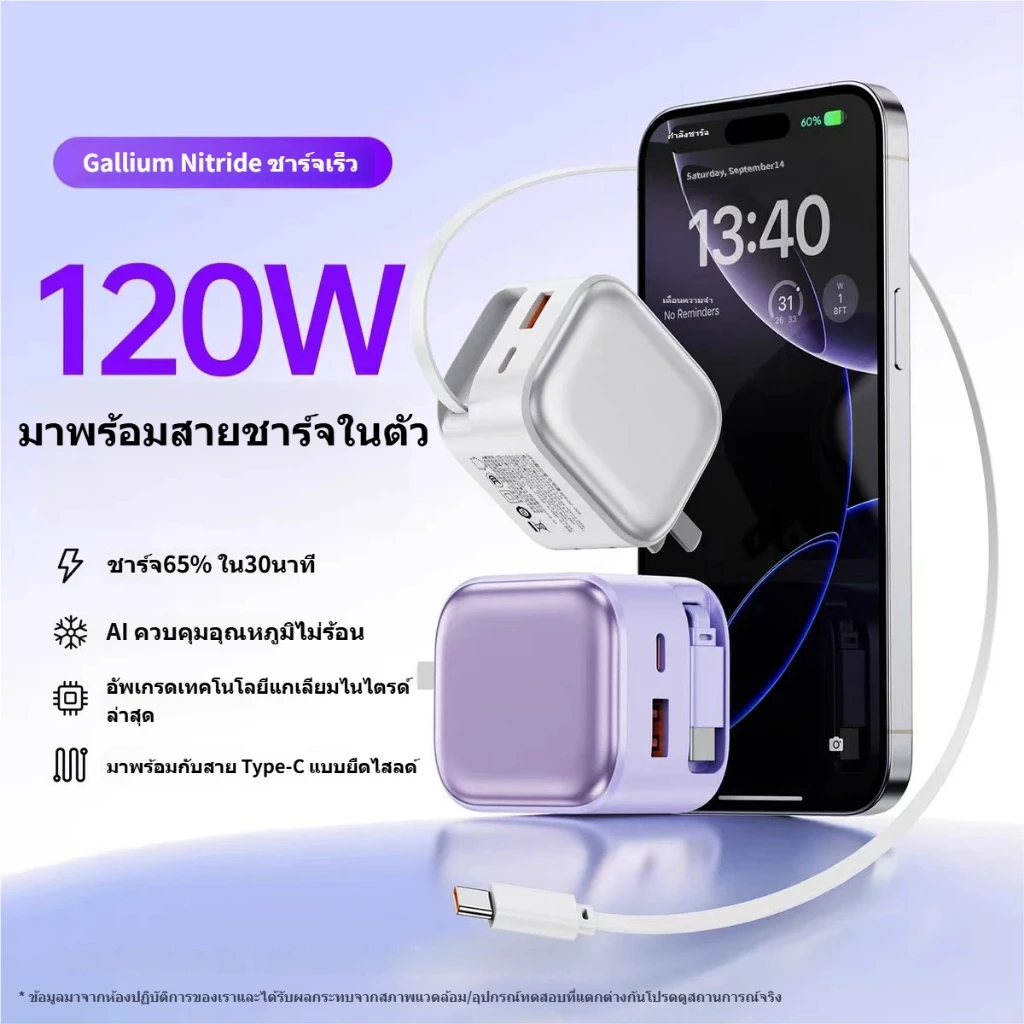 ชุดชาร์จเร็ว 120W ชุดชาร์จ GaN สายชาร์จ + หัวชาร์จ Fast charging มีสาย Type-C แบบยืดหด สําหรับ Type-C/i&p